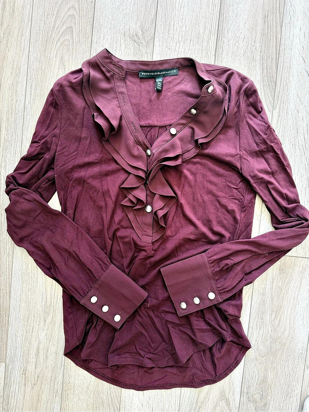 White House Black Market Ruffle Front Blouse Burgundy XXS